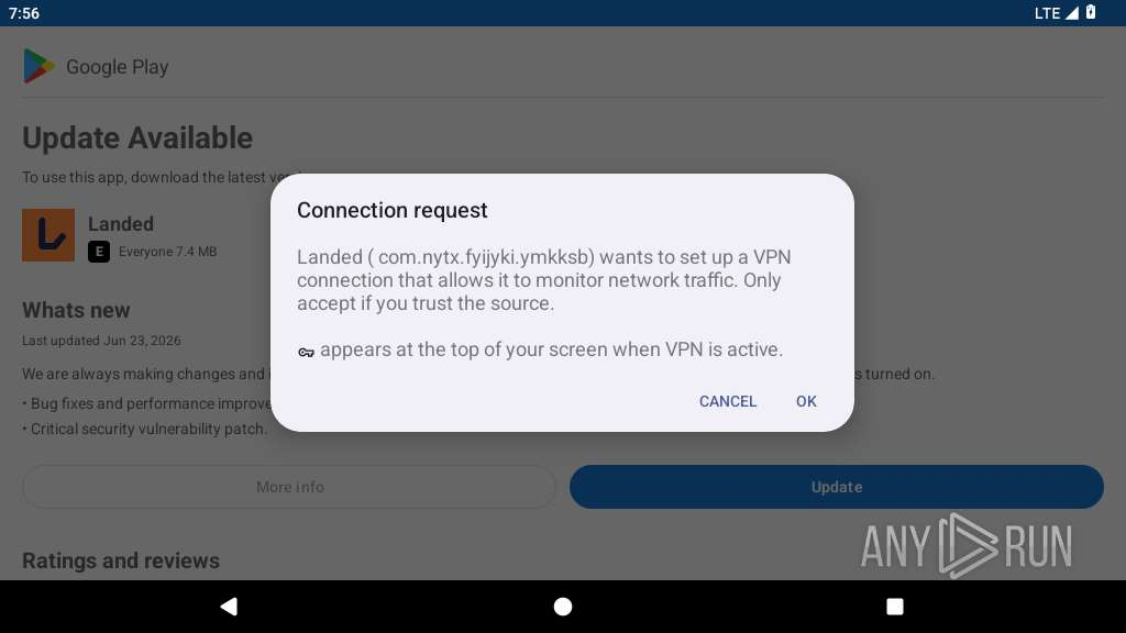 The dropper requests a VPN connection (com.shell.a.PpVpn) to monitor network traffic
