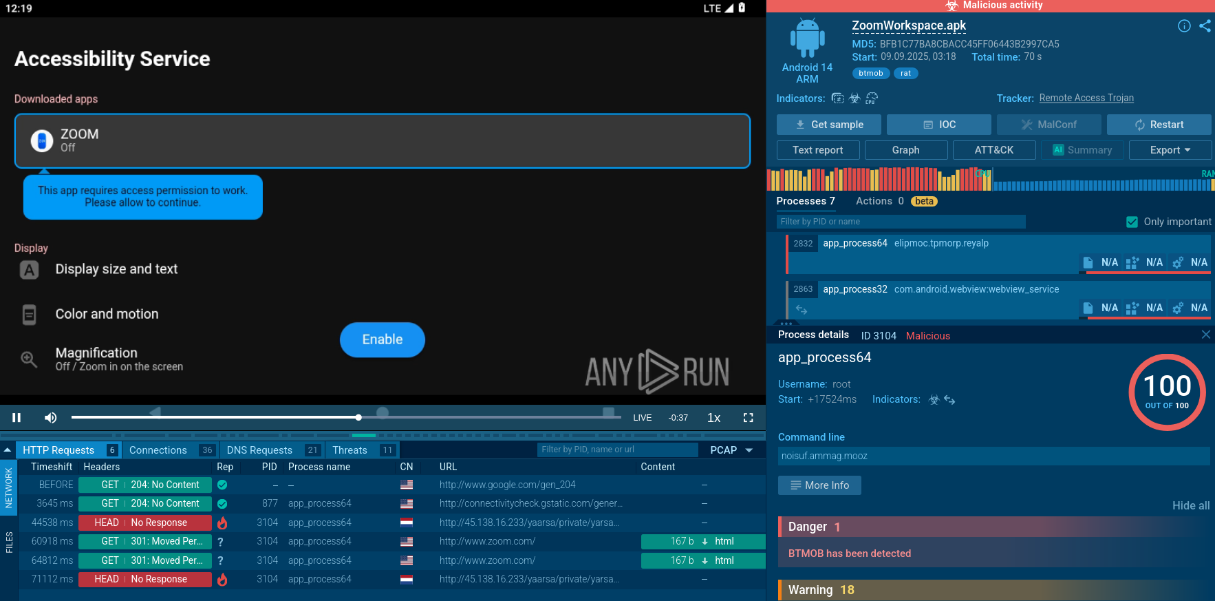 BTMOB RAT analysis in Interactive Sandbox