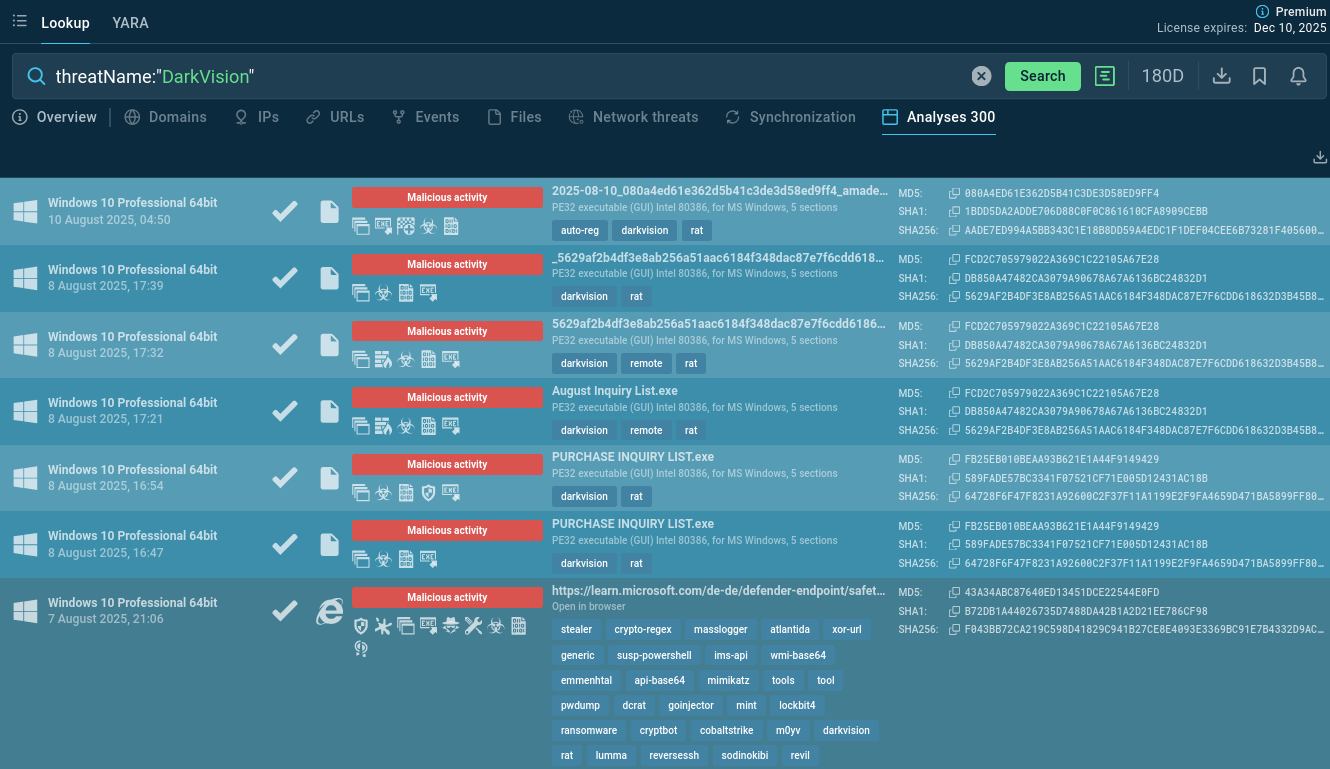 DarkVision samples found via Threat Intelligence Lookup