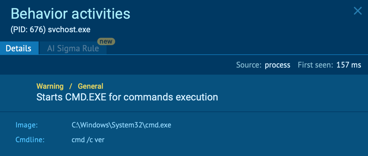 svchost.exe spawning cmd.exe to execute system commands inside the ANY.RUN sandbox
