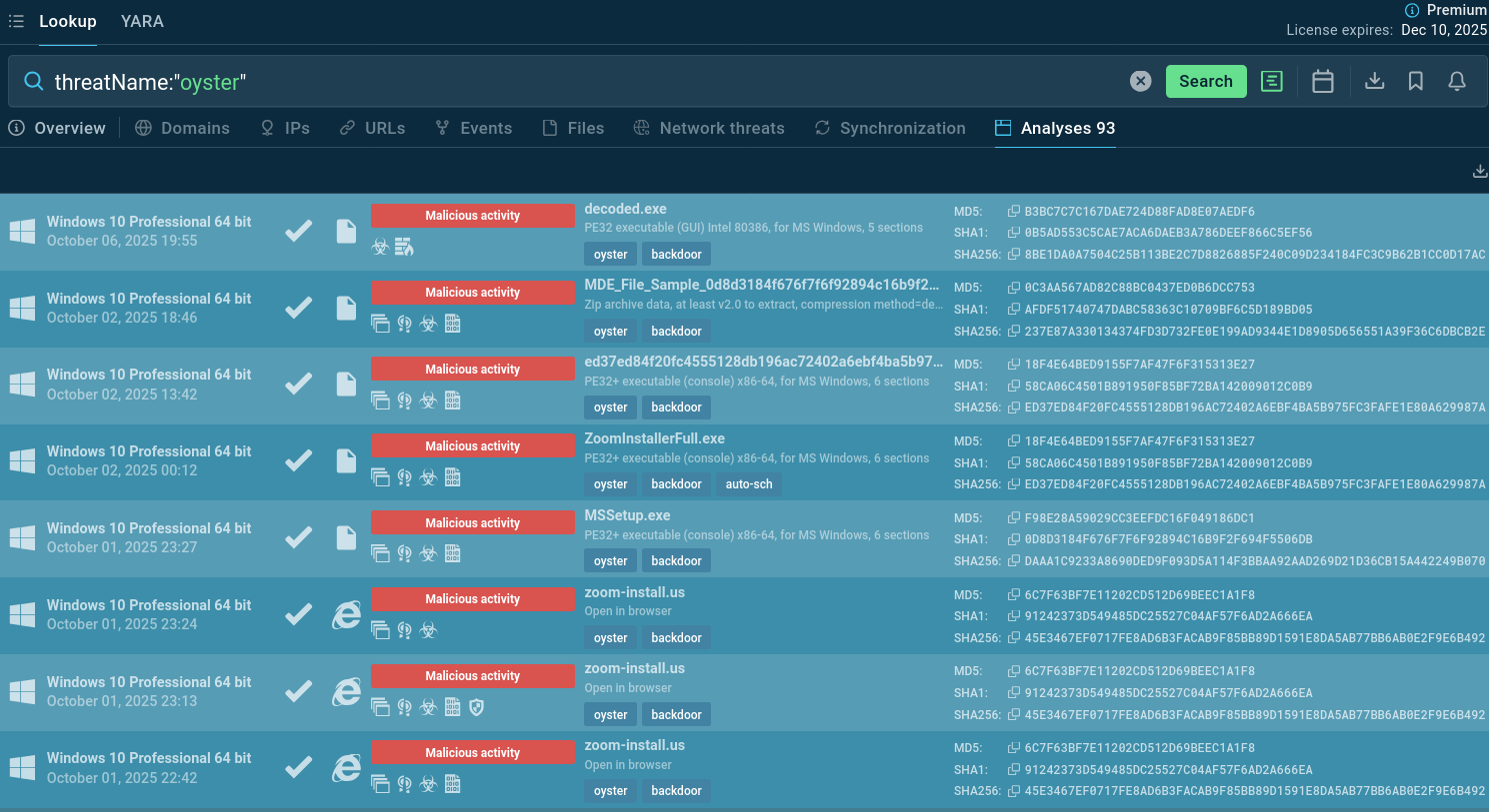 Oyster backdoor sample analyses found via TI Lookup